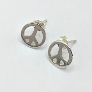 Sterling Silver 925 Small Round Retro Boho Peace Sign Stud Earrings 11mm